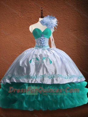 Elegant Embroidered and Patterned Organza and Taffeta Quinceanera Dress in Turquoise and White