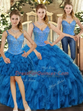 Straps Sleeveless Sweet 16 Dress Floor Length Beading and Ruffles Teal Organza
