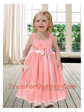 2014 Modest Square Ankle-length Watermelon Flower Girl Dress with Ribbons