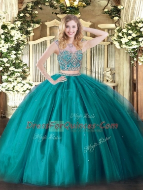 Customized Teal Two Pieces Scoop Sleeveless Tulle Floor Length Lace Up Beading Quinceanera Gown