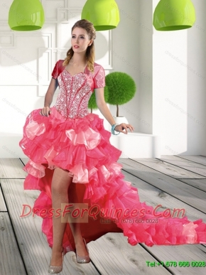 2015 Most Popular Coral Red High-low Prom Dresses with Beading and Ruffled Layers