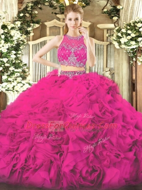 Beauteous Scoop Sleeveless Zipper Quince Ball Gowns Fuchsia Fabric With Rolling Flowers