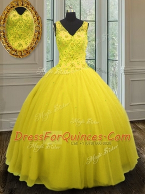 Trendy Sleeveless Tulle Floor Length Zipper 15 Quinceanera Dress in Yellow with Beading