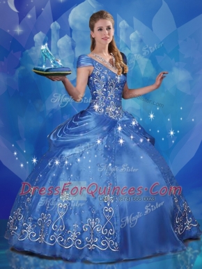 Cinderella Blue Organza Lace Up Off The Shoulder Cap Sleeves Floor Length Ball Gown Prom Dress Beading and Embroidery