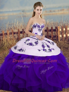 Sweet Sleeveless Embroidery and Ruffles and Bowknot Lace Up Ball Gown Prom Dress