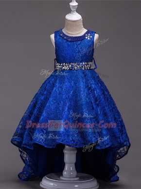 Discount High Low Royal Blue Little Girls Pageant Gowns Lace Sleeveless Beading