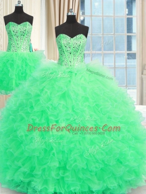 Exquisite Three Piece Apple Green Ball Gowns Strapless Sleeveless Tulle Floor Length Lace Up Beading and Ruffles 15th Birthday Dress