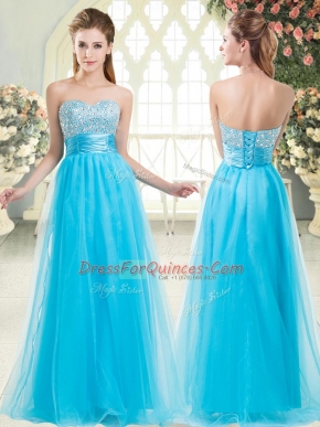 Spectacular Aqua Blue Sleeveless Beading Floor Length Party Dress Wholesale