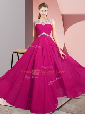 On Sale Fuchsia Chiffon Clasp Handle Sleeveless Floor Length Beading