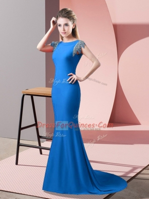 Eye-catching Blue Prom Gown Prom and Party with Beading High-neck Short Sleeves Brush Train Backless