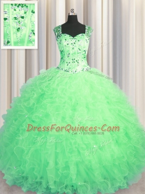 Custom Fit See Through Zipper Up Apple Green Straps Neckline Beading and Ruffles 15th Birthday Dress Sleeveless Zipper