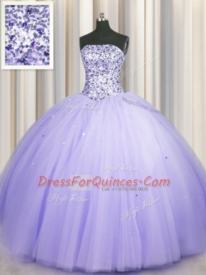 Popular Puffy Skirt Sleeveless Floor Length Beading and Sequins Lace Up Sweet 16 Quinceanera Dress with Lavender