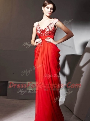 Luxury Red Zipper V-neck Beading and Appliques and Ruching Chiffon Cap Sleeves