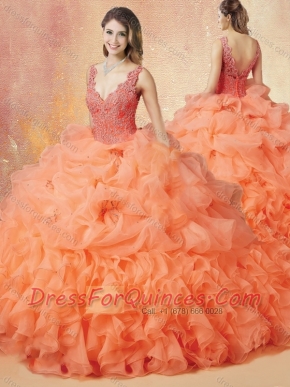 Latest V Neck Beading and Ruffles Sweet 16 Dresses with Brush Train