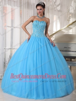 Sky Blue Ball Gown Sweetheart Floor-length Tulle Beading Quinceanera Dress