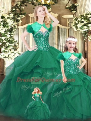 Turquoise Ball Gowns Sweetheart Sleeveless Organza Floor Length Lace Up Beading and Ruffles Sweet 16 Dress