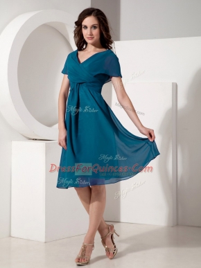 Chic V-neck Short Sleeves Zipper Teal Chiffon