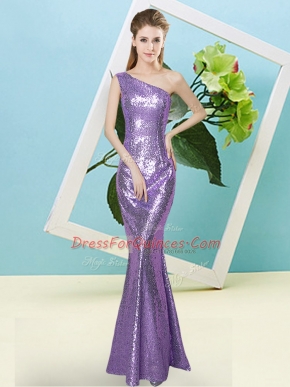 Cute One Shoulder Sleeveless Zipper Dress for Prom Lavender Sequined