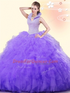 Backless High-neck Sleeveless Quinceanera Dresses Floor Length Beading and Ruffles Lavender Tulle