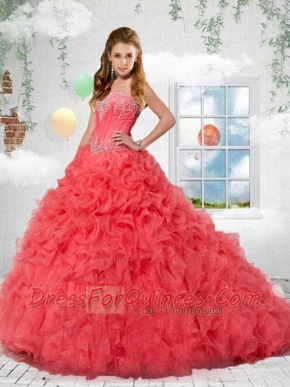 The Most Popular Coral Red Sweetheart Quinceanera Dress with Appliques For 2014