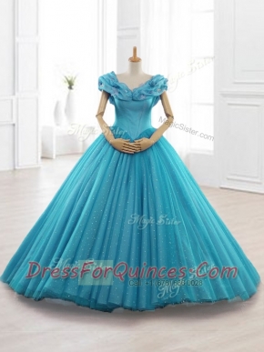 Exquisite Cap Sleeves Teal Quinceanera Gowns with Appliques