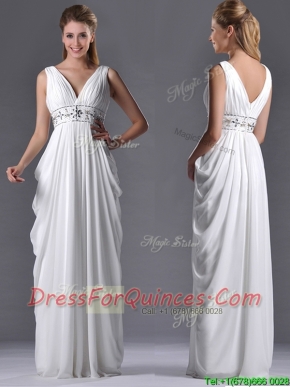 Elegant Empire V Neck Chiffon White Prom Dress for Graduation