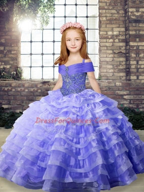 Lavender Sleeveless Brush Train Beading and Ruffled Layers Kids Pageant Dress