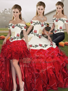 Luxury Floor Length Lace Up Quinceanera Dresses White And Red for Military Ball and Sweet 16 and Quinceanera with Embroidery and Ruffles