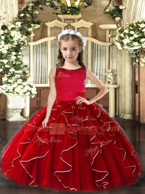 Custom Designed Sleeveless Floor Length Ruffles Lace Up High School Pageant Dress with Red