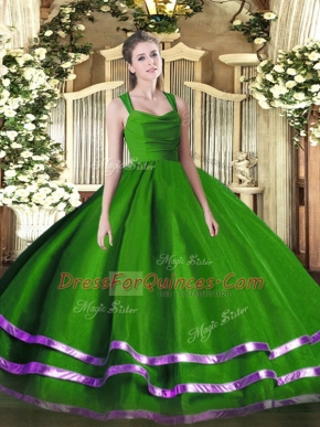 Enchanting Green Ball Gowns Tulle Straps Sleeveless Ruffled Layers Floor Length Zipper 15 Quinceanera Dress