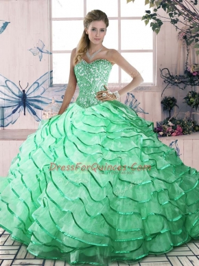 Elegant Apple Green Ball Gowns Organza Sweetheart Sleeveless Ruffled Layers Lace Up Sweet 16 Dress Brush Train