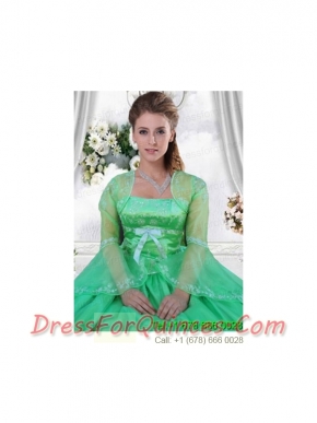 Custom Made Embroidery and Beading Green Long Sleeves Jacket For Quinceanera