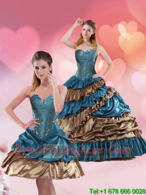 Pretty Teal and Brown Sweetheart Quinceanera Dress with Beading and Ruffled Layers for 2015