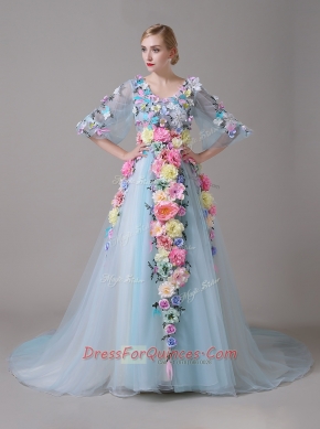 Traditional Half Sleeves Court Train Hand Made Flower Zipper Prom Evening Gown