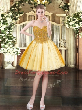 Adorable Gold Ball Gowns Tulle Sweetheart Sleeveless Beading Mini Length Lace Up Prom Party Dress