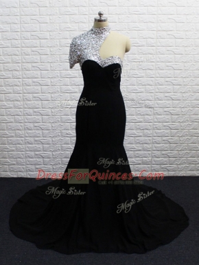 Black Zipper Homecoming Dress Beading Short Sleeves Brush Train