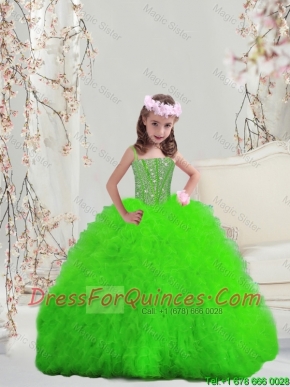 Suitable Spring Green Spaghetti Mini Quinceanera Dresseswith Beading and Ruffles