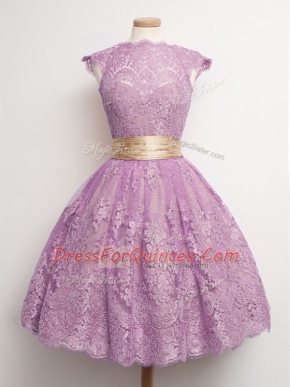 Superior Ball Gowns Dama Dress for Quinceanera Lilac High-neck Lace Cap Sleeves Knee Length Lace Up