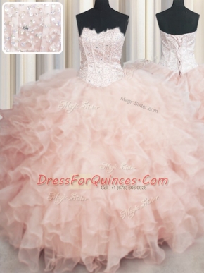 Traditional Visible Boning Scalloped Peach Sleeveless Floor Length Beading and Ruffles Lace Up 15th Birthday Dress