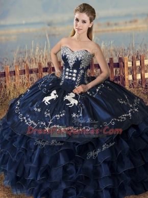 Shining Navy Blue Satin and Organza Lace Up Quinceanera Dresses Sleeveless Floor Length Embroidery and Ruffles