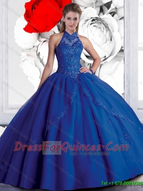 2016 New Style Halter Top Beaded Navy Blue Quinceanera Dresses