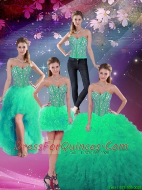 Sweetheart Beaded and Ruffles Detachable Quinceanera Dresses in Turquoise