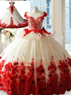 Attractive Hand Made Flower Sweet 16 Dress White And Red Zipper Sleeveless Brush Train
