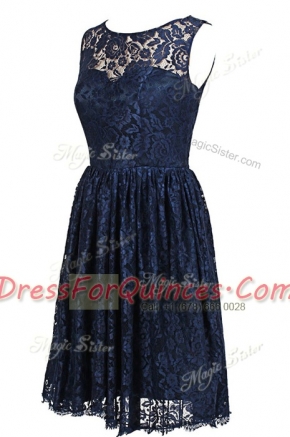 Exquisite Scoop Sleeveless Lace Knee Length Zipper Prom Evening Gown in Navy Blue with Hand Made Flower