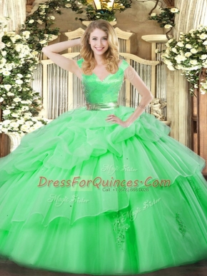 Glamorous Green Organza Zipper V-neck Sleeveless Floor Length Vestidos de Quinceanera Ruffled Layers