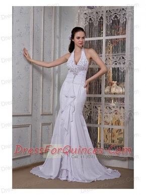 Prom Dress Customize Mermaid Halter Brush Train Chiffon Beading