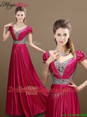 Pretty Empire V Neck Beading Prom Dresses with Short Sleeves for 2016