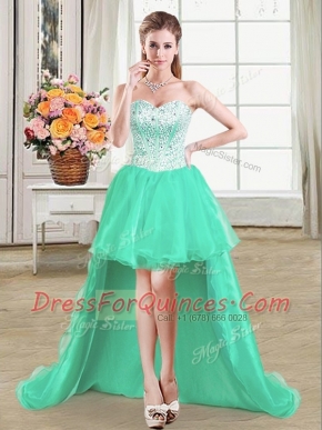 Designer Turquoise Organza Lace Up Prom Dress Sleeveless High Low Beading