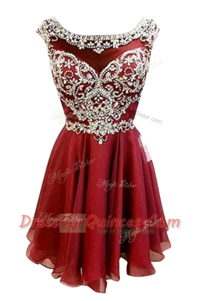 Burgundy Zipper Bateau Beading and Sashes ribbons Prom Evening Gown Chiffon Cap Sleeves