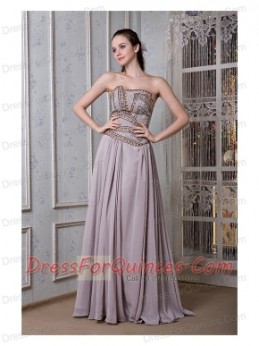 Prom Dress Grey Empire Strapless Floor-length Chiffon Beading
